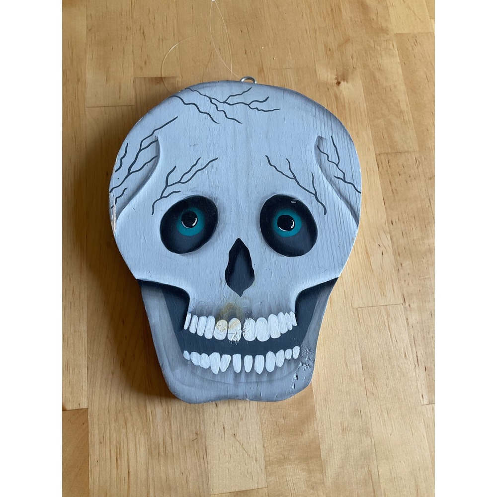 Handmade Wooden Skull Wall Hanging Folk Art Halloween Decor Gray Teal 9.5in